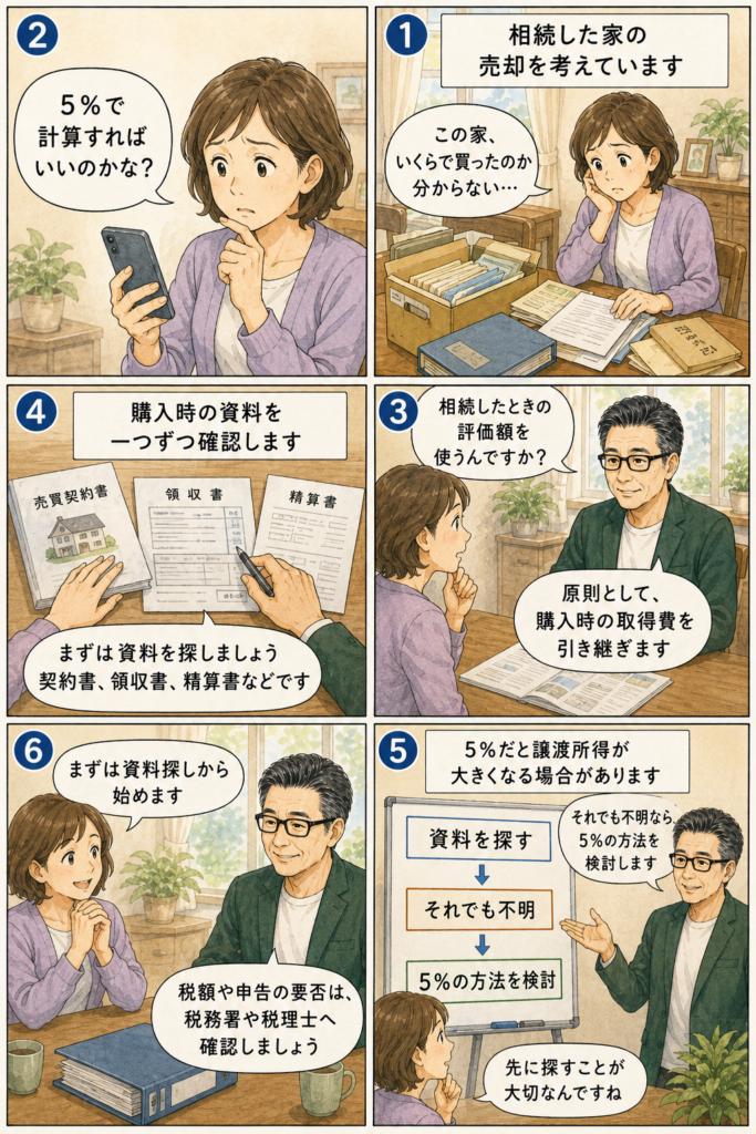 相続した家の購入価格が分からない女性が、契約書や領収書などを探し、取得費の5％ルールと税務確認の流れを相談する6コマ漫画